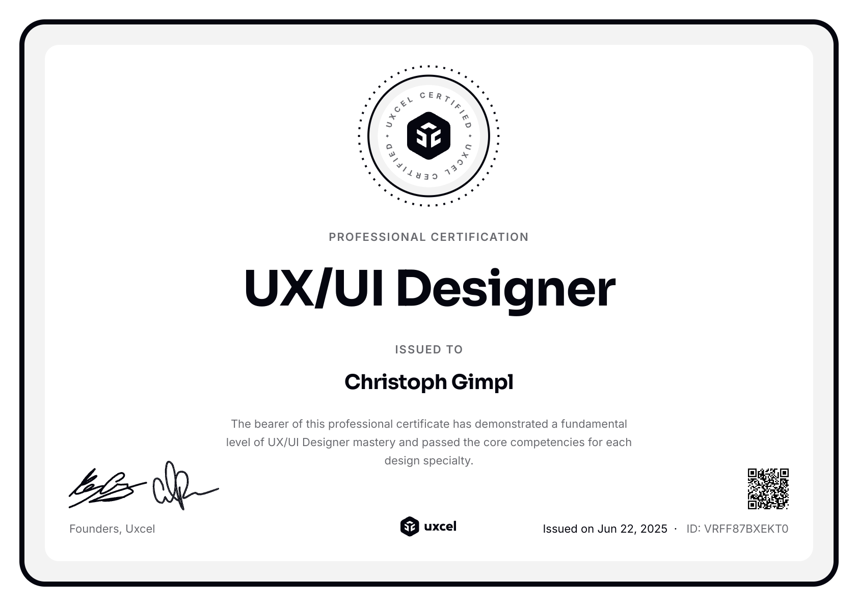 Christoph Gimpl's certificate